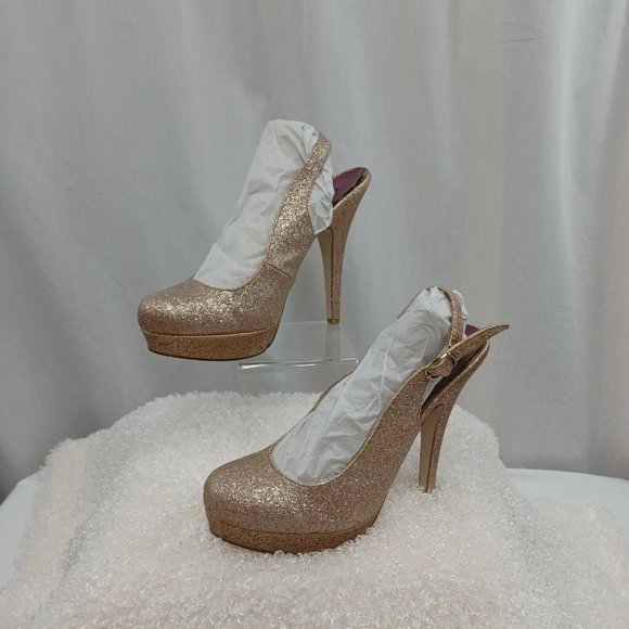 Madden Girl Sookiee Shoes Size 8.5 Gold Glitter Sling Back Platform Heels Pumps - Picture 3 of 10